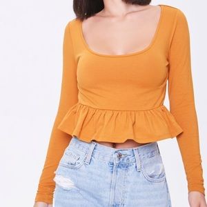 Mustard Yellow Long Sleeve Knit Top Peplum Crop Top Small NWT
